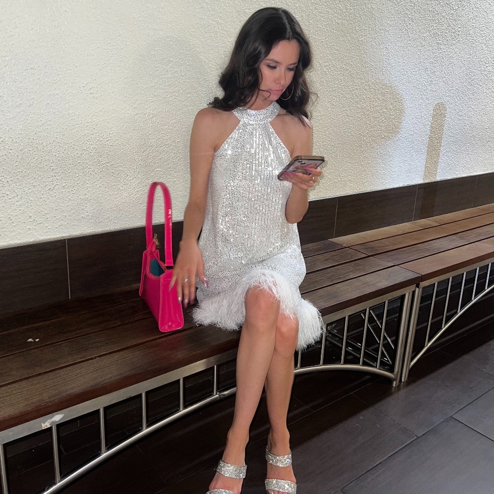 Sparkling White Halter Sequin Dress with Feather Hem